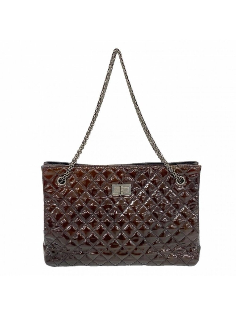 Chanel Chain Tote 2.55 Quilted Patent Leather Dark Brown Silver